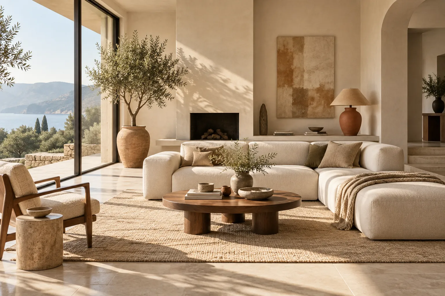 Warm modern living room with sculptural furniture